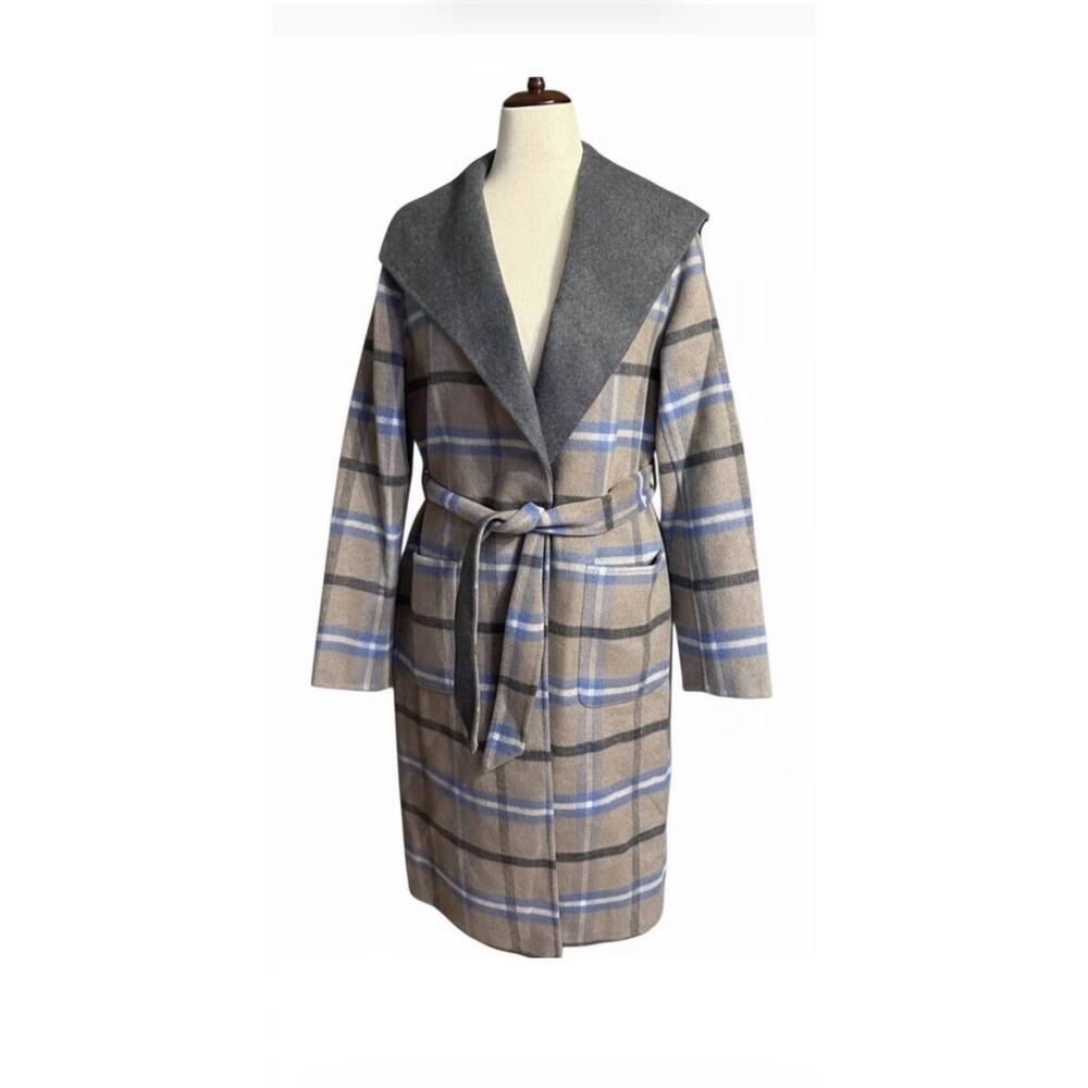 NEW ELIE TAHARI women's wallace belted coat in cathedral /mirage blue/ plaid